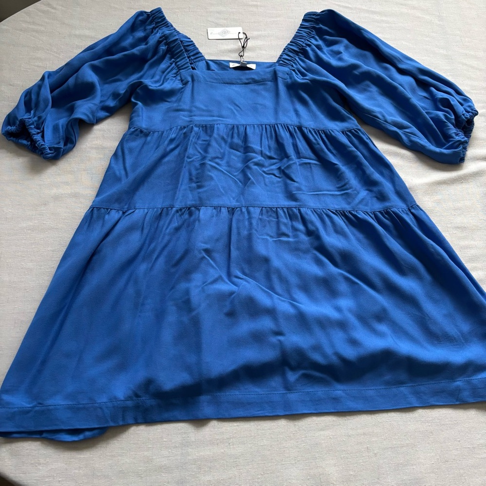 NWT Hunter & Brown Blue Puff Sleeve Mini Dress Small | Rayon Tiered - Picture 1 of 7